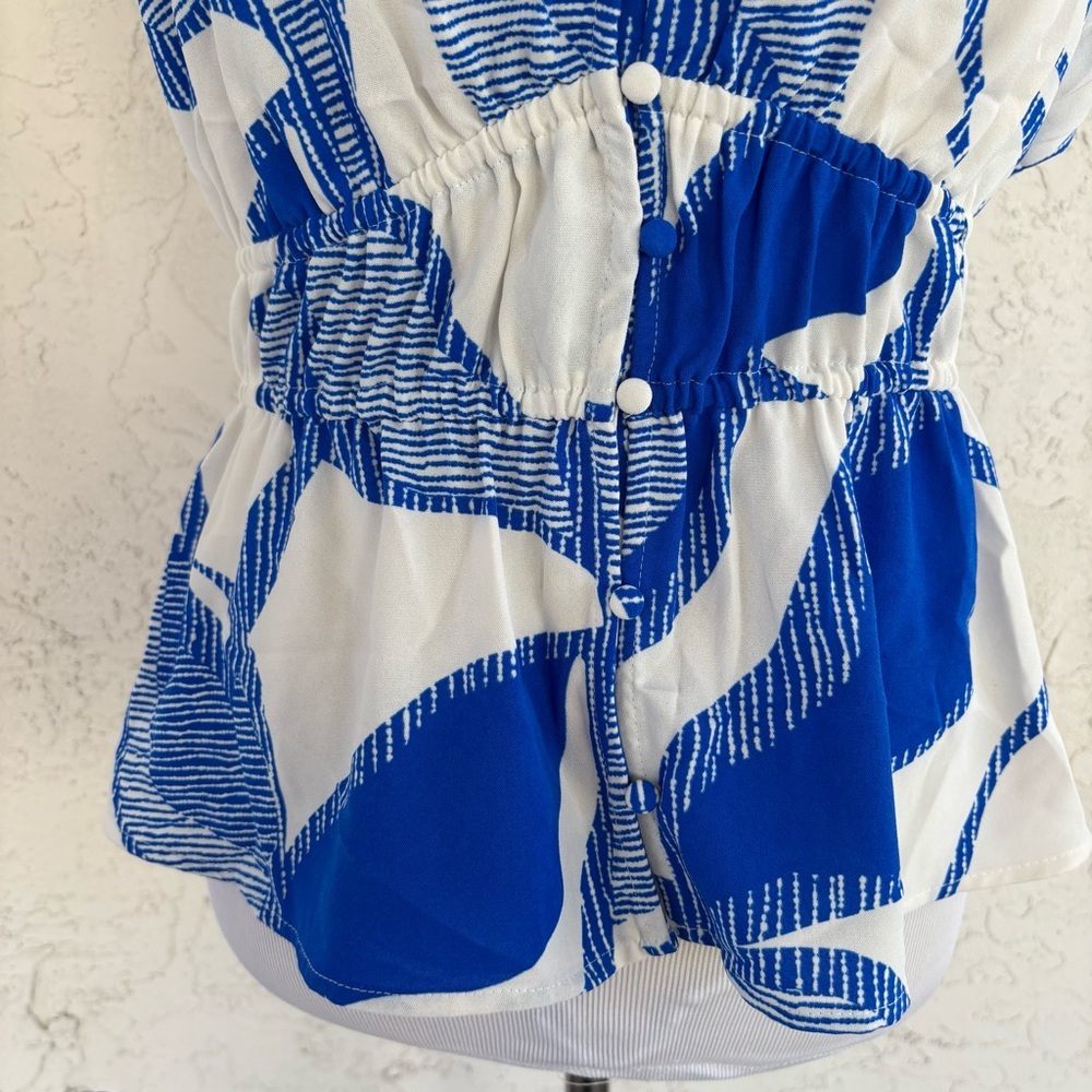 Nine West Blouse Size M Blue White Abstract Print V-Neck Peplum Sleeveless Top - Picture 3 of 11
